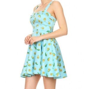 Ixia ModCloth Blue Green Avocado Print Sleeveless Tie Back Retro Pinup Dress